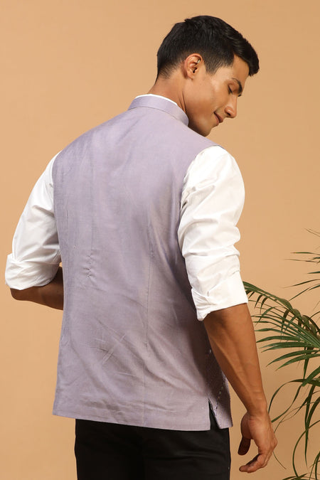 VASTRAMAY Purple Mirror Work Viscose Sleeveless Ethnic Jacket Baap Beta Set